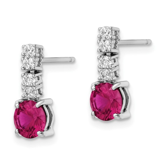 925 Sterling Silver  Created Ruby (July Birthstone) & CZ Post Dangle Earrings - Picture 2 of 4